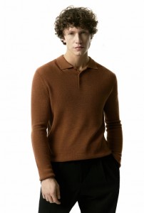 Men wool blend yarn knitted hafu pattern polo neck sweater