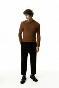 Men wool blend yarn knitted hafu pattern polo neck sweater