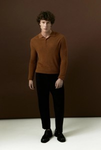 Men wool blend yarn knitted hafu pattern polo neck sweater