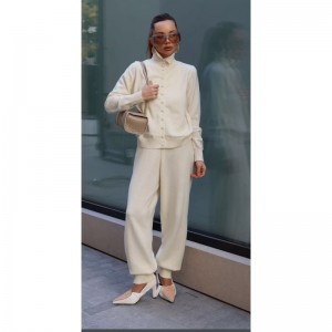 Ladies Merino wool blend yarn knitted sets Women knit cardigan and Pants