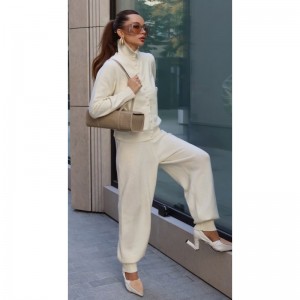 Ladies Merino wool blend yarn knitted sets Women knit cardigan and Pants
